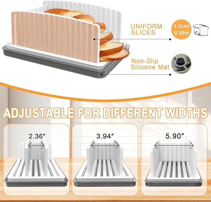 Kiss Core New Upgrade Bread Slicer for Homemade Bread, Bread Slicing Guide Adjustable Width, Foldable and Compact Cutting Guide with Crumb Tray, Suitability for Homemade Bread, Bagels, Cakes