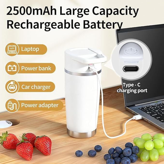 Portable Personal Blender 20oz Vacuum Cup Cordless Blende for 120 Watt Rechargeable Personal Size blender With Stainless Steel Bottle Ideal For-Shakes and Smoothies, BPA Free (White）