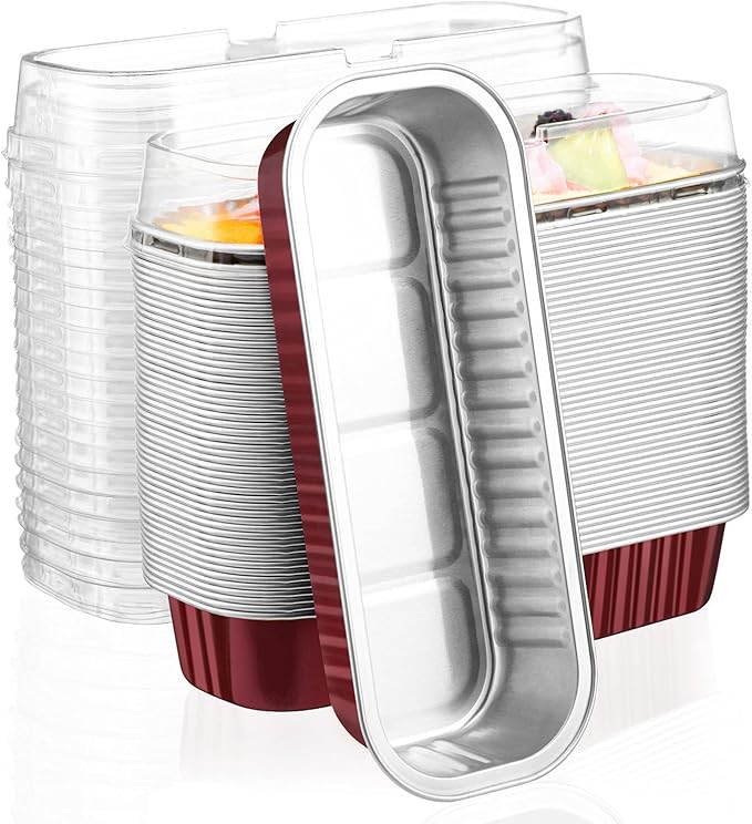 EUSOAR Aluminum Foil Cupcake Liners, 50pcs 6.8oz 6.5"x2.5"x1.2" Disposable Foil Pan Tin with Lids，Cupcake Baking Cups Containers Wrappers, Dessert Cheesecake Creme Brulee Ramekins Mini Loaf Cake Pans