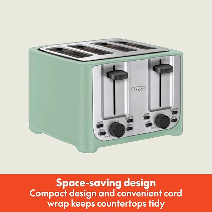 BELLA 4 Slice Toaster with Auto Shut Off - Extra Wide Slots & Removable Crumb Tray and Cancel, Defrost & Reheat Function - Toast Bread & Bagel, Sage