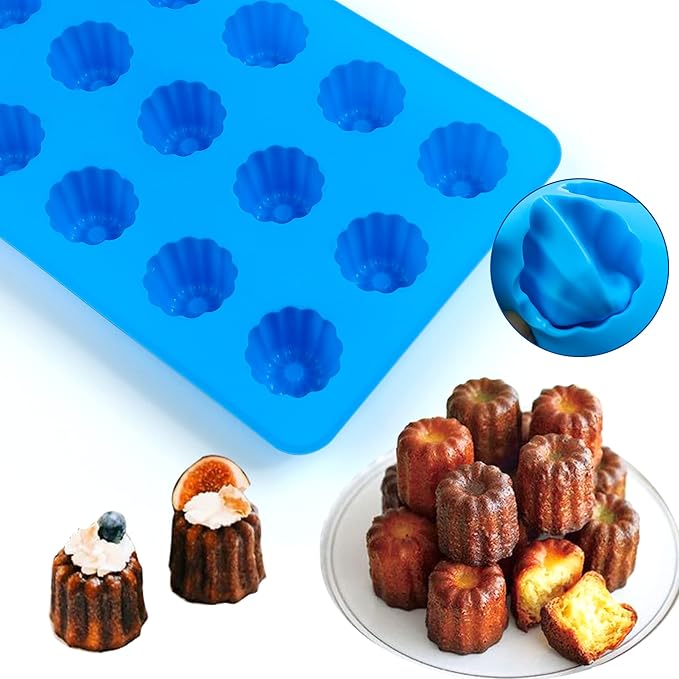 Sidosir 2Pcs Small Canele Mold Silicone, 15-Cavity Mini Nonstick Canele Silicone Baking Cake Pan for Bread Muffin, Non-Stick Madeline Pans for Baking