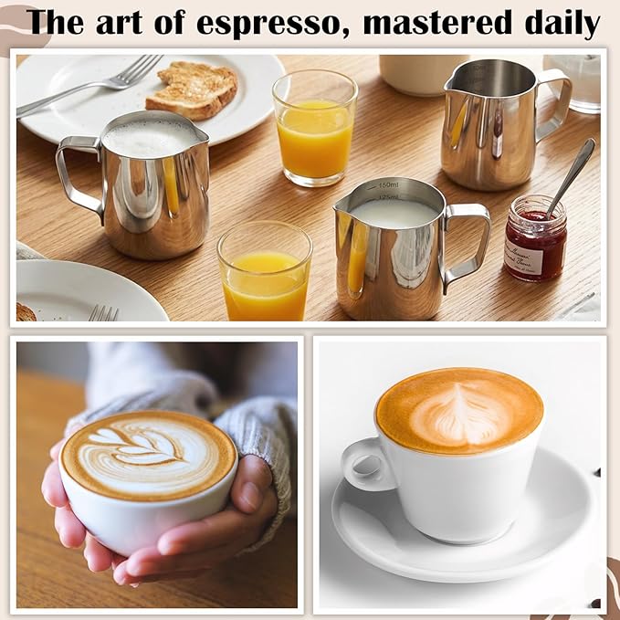 Honeydak 9 Pcs Milk Frothing Pitcher 304 Stainless Steel Steaming Pitchers for Coffee Bar Cappuccino Barista Tools Milk Jug Steamer Frother Cup (5 oz,Silver)