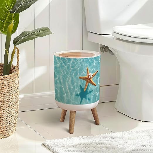 Trash Can with Lid Starfish Flower Summer Beach sea Water Summer Press Top Round Small Garbage Bin with Wooden Legs Waste Basket for Kitchen Bedroom Nursery 7L/1.8 Gallon