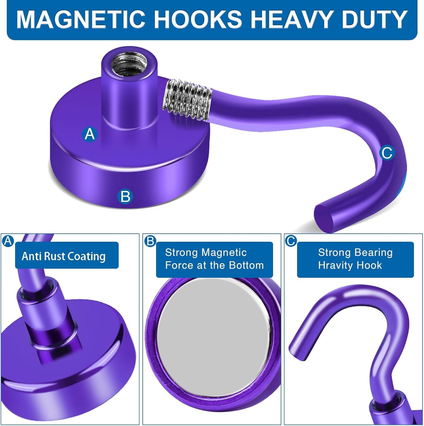 LOVIMAG Magnet Hooks, Strong Magnets,80Lb Magnetic Hooks Heavy Duty, Purple Strong Magnet Hook for Cruise Cabins, Magnet Hook for Refrigerator, Cruise Accessories, Magnets Key Holder-12Pack