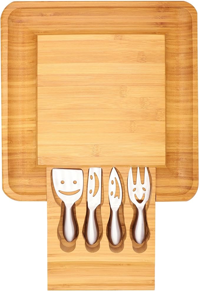 Sarolta Homewares Bamboo Cheese & Sushi Cutting Board and Platter with Brushed Stainless Steel Cutlery Set - 2 Sets