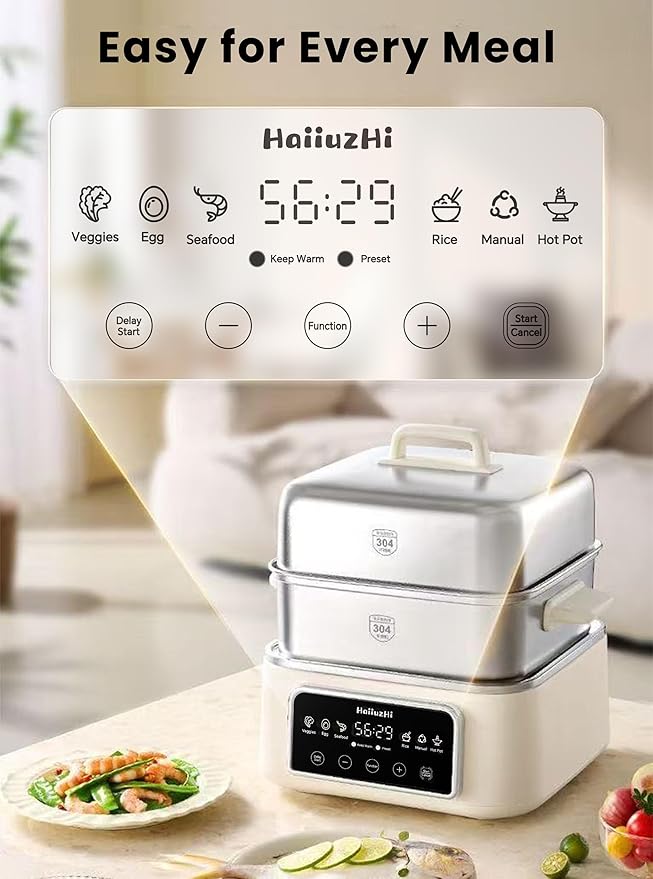 Electric Food Steamer 12.7 QT, Double-Tier 8-in-1 Vegetable & Meal Steamer, Stainless Steel, Timer & Keep Warm, Boil-Dry Protection, Healthy Cooking Kitchen Steamer