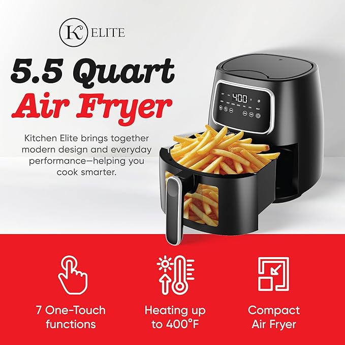 Kitchen Elite 5.5 Qt. Digital Air Fryer, Countertop Cooker with LED Screen, Presets for Air Fry, Roast, Dehydrate, Defrost and Reheat, Black