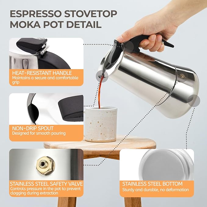 2 Cup 100ml Moka Pot Stainless Steel Espresso Coffee Maker Stovetop Coffeemaker Italian Classic Style Brewing Greca Cafe Mocha Machine for Cafeteras Lover Camping Travel and Home Use 3.3oz