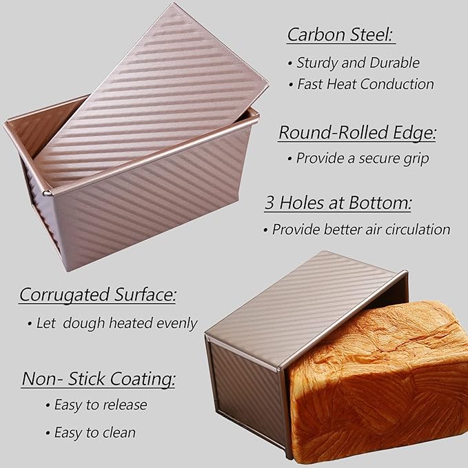 Pullman Loaf Pan with Lid, Aluminized Steel 1 Lb Nonstick Sandwich Bread Pan for Homemade Bread, 8.4x4.8 Inch Professional Rectangular Loaf Pan with Dough Scraper and Cutter