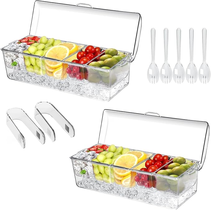 2 Pack Large Ice Chilled Condiment Caddy，Chilled Condiment Containers Server with Lids for 5 Removable Compartments，Serving Platters, Fruit & Garnish Tray for Party Supplies & Bar（2 Pack）