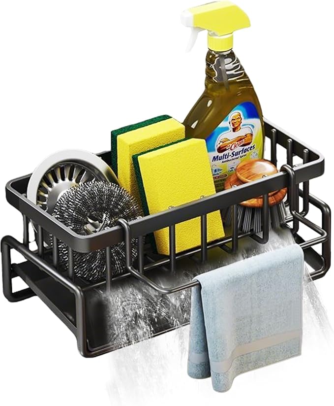 Sponge Holder for Kitchen Sink Sponge Holder,Sponge Caddy for Kitchen Sink Organizer with Auto Drain Tray (Carbon Steel)