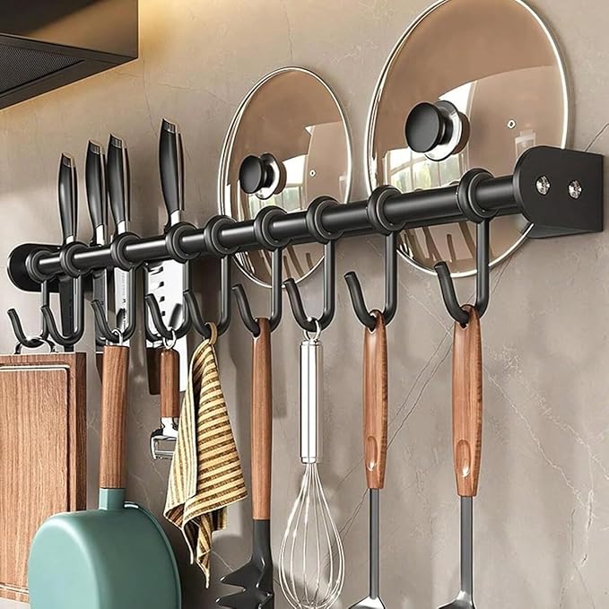 Modern Kitchen Utensil Rack, Black Wall-Mounted Hanging Rod with 6 Movable Hooks, 15.75 Inch Metal Storage Organizer