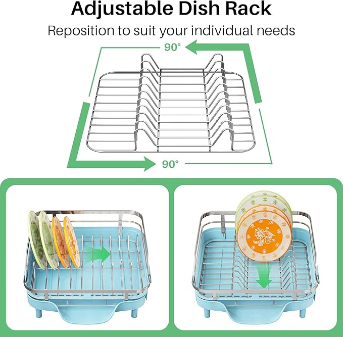 SAYZH Dish Drying Rack - Expandable Dish Rack for Kitchen Counter, Rust-Resistant Dish Drainer with Utensil Holder and Raised Guardrail, Kitchen Organizer for Cup and Bottle (Blue)