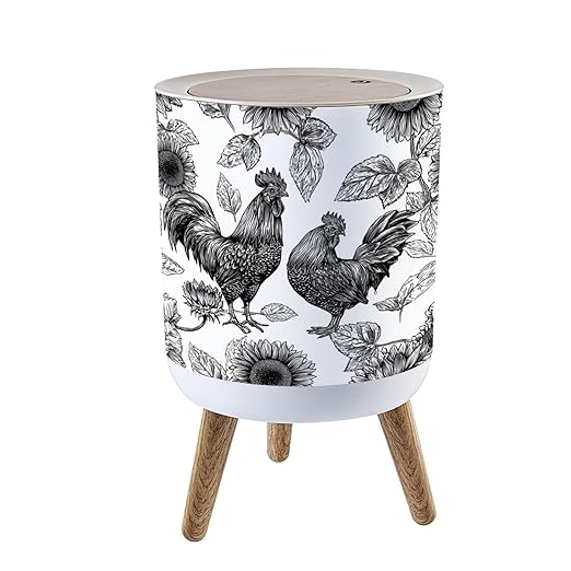 Trash Can with Lid Intricate Black White Roosters Sunflowers Press Top Round Small Garbage Bin with Wooden Legs Waste Basket for Kitchen Bedroom Nursery 7L/1.8 Gallon