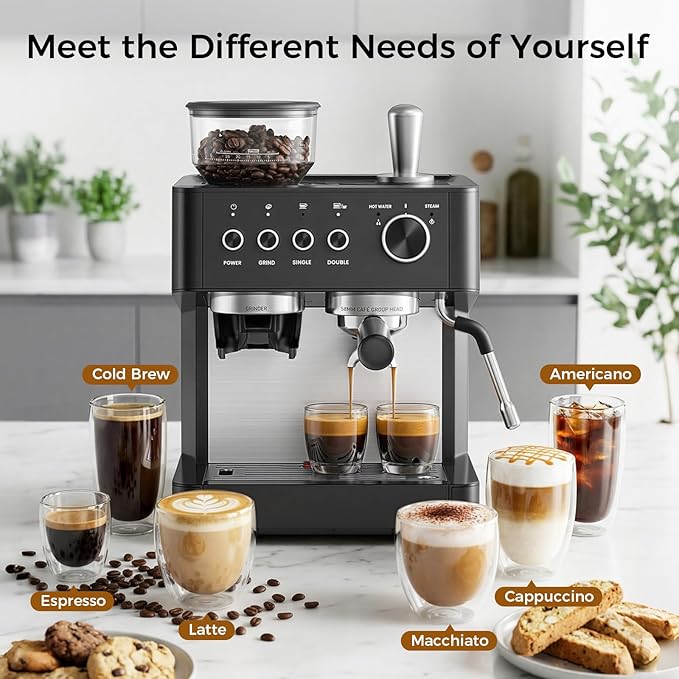 Kndko Espresso Machine with Grinder & Milk Frother, 20 Bar Espresso Coffee Machines with Removable Water Tank, Cappuccino & Latte Machine for Home, Black