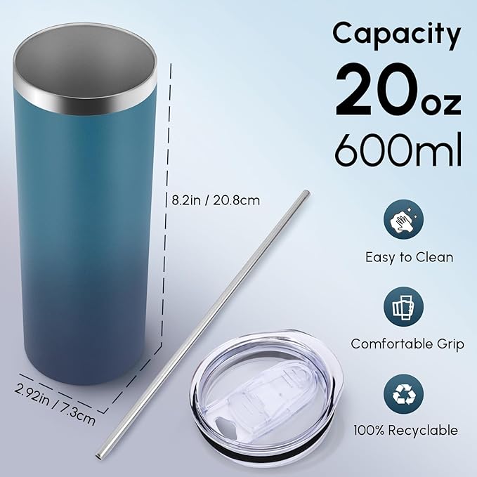 Volhoply 4 Pack Skinny Tumblers with Lid and Straw, 20oz Stainless Steel Straight Tumbler Bulk, Vacuum Insulated Coffee Mug for Home, Office, Travel, DIY (Dark Night,4 Pack)