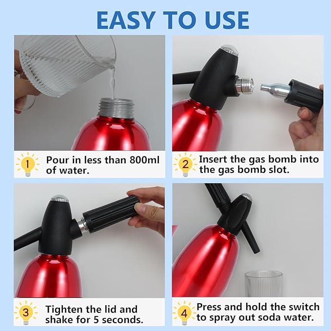 Soda Siphon 1L Portable Soda Maker Sparkling Water Maker for Home & Outdoor, Aluminium Carbonated Water Machines, Seltzer Water Maker for Making Soda,Cocktails, Use 8g CO2 Cartridges (Not Included)