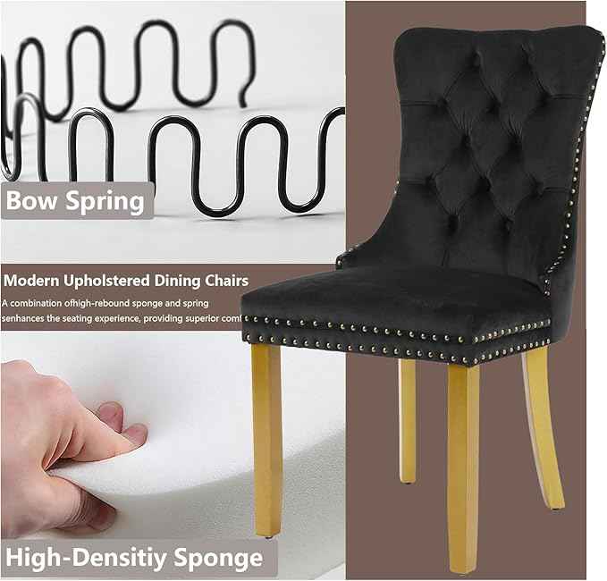 Velvet Dining Chairs Set of 6, Modern Tufted Dining Room Chair, Upholstered Dining Chairs with Lion Head Pulls Ring and Golden Solid Wood Legs, Luxury Kitchen Chairs for Dining Room, Black