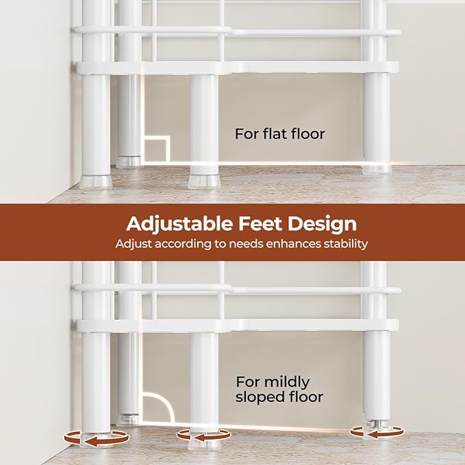 Orimade Rustproof 4 Tier Floor Standing Corner Shower Caddy Organizer with Toothbrush Holder, Large Spacing Floor Shower Shelf Rack Storage Stands with Hooks for Bathroom Kitchen, White