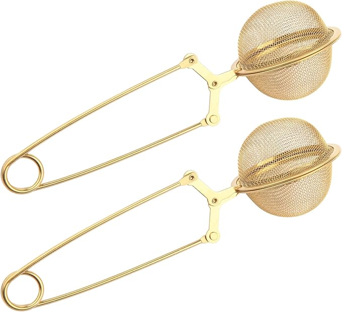 Luckyiren Snap Tea Ball Infuser with Handle; Premium Stainless Steel Fine Mesh Screen Tea Strainer Filters Colander Cullender Sieve Infusion Steeper Maker for Loose Leaf Tea Herbs, 2 Pieces, Golden