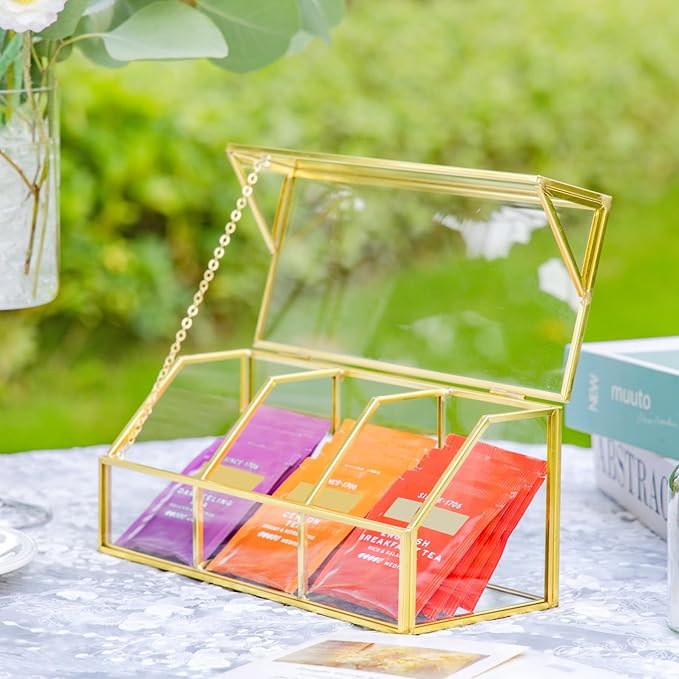 NCYP Glass Tea Bags Organizer with Lid, Small 3 Slots Teabag Storage Box, Indoor Counter Teabag Display Case, Kitchen Cabinet Gold Decor, 8.7 x 3.6 x 3.66 Inches (Glass Box Only)