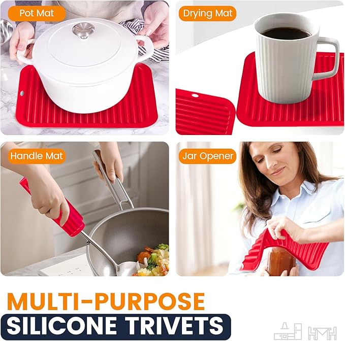 Silicone Trivet Mats 4 Heat Resistant Pot Holders Multipurpose Non-Slip Hot Pads for Kitchen Potholders, Drying mat, Jar Opener, Spoon Holder, Coaster.(Crimson red)