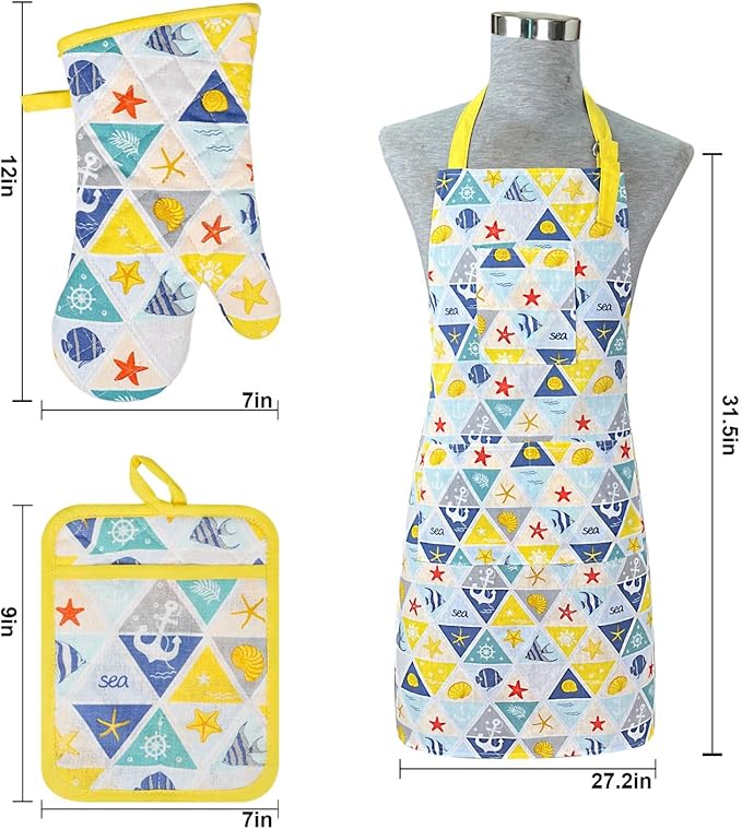 Alselo Oven Mitts and Pot Holders with Chef Apron,Set of 5 Heat Resistant Kitchen Gloves and Silicone Non-Slip Potholders Adjustable Neck Buckle Apron, Cotton Nice Design for Cooking (Sea Fish)