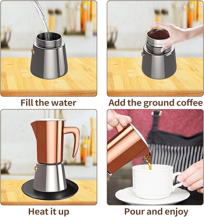 Moka Pot Espresso, Stainless Steel Italian Coffee Maker Stovetop Espresso Maker for Camping or Home Use, Induction Moka Pot 6 Cups (10oz/300ml), Black