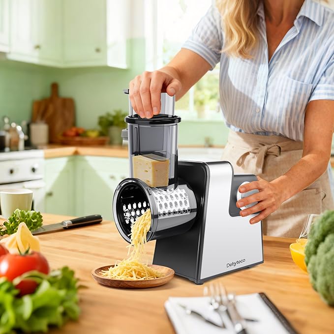 Electric Cheese Grater 7 in 1, Stainless Steel Salad Shooter, Food Slicer Shredder Chopper with Rotary Switch, 300W, for Block Cheese Vegetables Cucumber Carrots