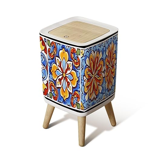 Small Trash Can with Lid Mexican talavera ceramic tile pattern Ethnic folk ornament Italian Wastebasket with Press Cover Dog Proof Garbage Can Waste Bin for Kitchen Bathroom Nursery 2.6 Gallon