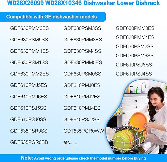 UPGRADED WD28X34744 WD28X26099 WD28X28918 WD28X22659 GDF510PSM0SS Dishwasher Lower Rack Compatible with GE Dishwasher Rack Parts WD28X34744 GDF510PSD1SS GE Dishwasher Rack Replacement Part with Wheel