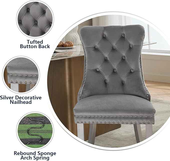 Velvet Dining Chairs Set of 6, Kitchen & Dining Room Chairs, Upholstered Dining Chairs with Back Ring Pull and Silver Solid Wood Legs, Modern Tufted Kitchen Chairs for Dining Room, Light Grey