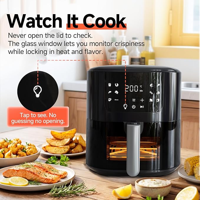 QIDO Air Fryer 8-in-1 with 5.5 QT Capacity,180°-450°F Precision Heating, AirFry, Roast, Broil, Reheats,Dehydrates, Easy-View Window, Features Shake Reminder, Large Touch Display with Auto Menus, Black