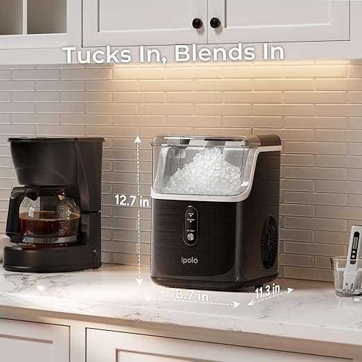 Nugget Ice Maker Countertop: 33lb/Day, Self-Cleaning, Black Stainless Steel, Portable, Soft Chewable Pebble Ice Machine for Home Kitchen, RV & Office