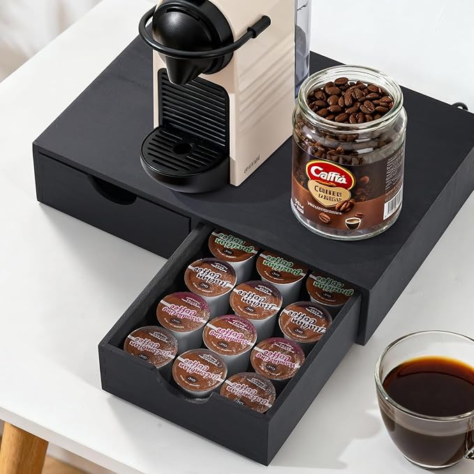 Wooden K Cup Organizer Coffee Pod Storage Box, Coffee Pod and Tea Bag Holder,Kcup Drawer Coffee Maker Stand,Home Kitchen Counter Holds Up to 30 Pods Capacity (2 Drawer) (Elegant Black)