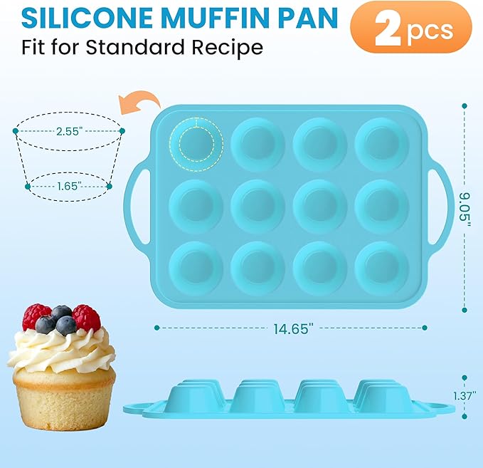 2Pack Silicone Muffin Pan for Baking with Metal Reinforced Frame, 12 Cup Regular Size Cupcake Pan, BPA Free Silicone Muffin Tray, Cupcake Baking Pan Molds for Oven Dishwasher Safe - Blue