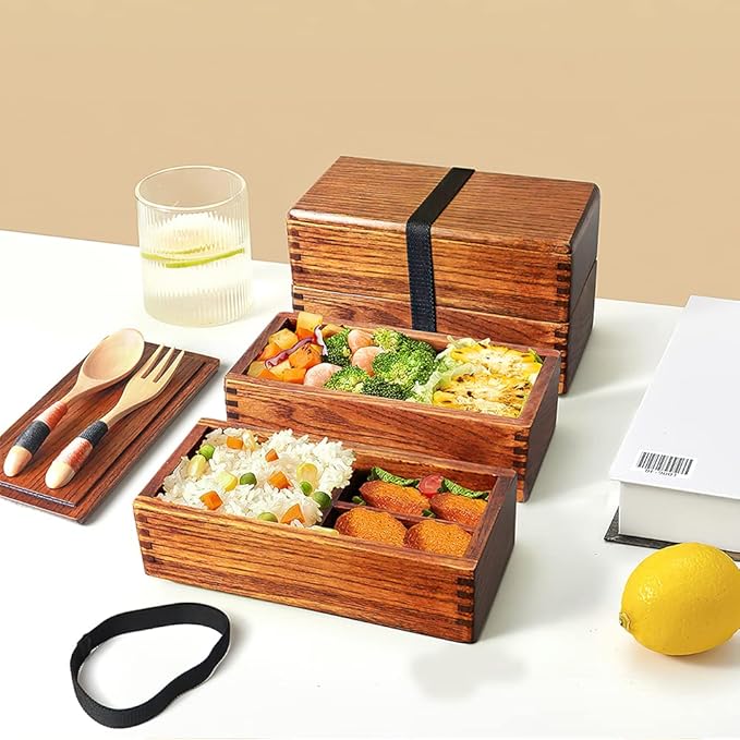 AOOSY Wood Bento Box, Lunch boxes, Japanese Traditional Natural Square Wooden Lunch Containers Women's Men's Adult Wood Bento Box with Spoon Fork kit