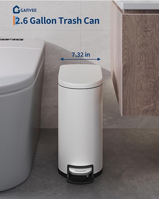 GarveeHome 2.6 Gallon Bathroom Trash Can, Space-Saving Slim Stainless Steel Step-On Garbage Bin with Soft Close Lid, Removable Inner Bucket for Bathroom & Bedroom, White