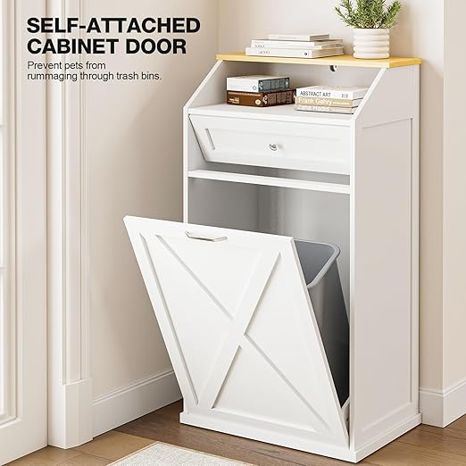 GAZHOME 13 Gallon Tilt Out Trash Cabinet, Upgrade Wooden Recycling Cabinet with Flip Door,White