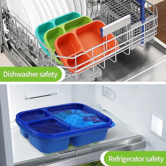 buluker 4 Pack Bento Lunch Box Set 3 Compartment Wheat Straw Meal Prep Food Storage Containers Plastic, Microwave and Dishwasher Safe（Jewel Brights）