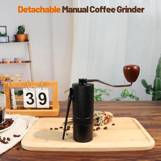 Manual Coffee Grinder Gift Box Detachable Stainless Steel Conical Burr Aluminum Coffee Bean Grinder with 25 Grinding Settings Cleaning Brush Grindable Espresso Moka Pot for Camping Black