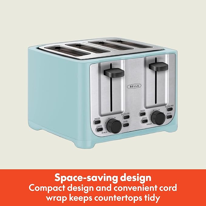 bella 4 Slice Toaster with Auto Shut Off - Extra Wide Slots & Removable Crumb Tray and Cancel, Defrost & Reheat Function - Toast Bread & Bagel, Stainless Steel and Aqua