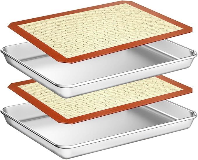 Wildone Baking Sheet with Silicone Mat Set, Set of 4 (2 Sheets + 2 Mats), Wildone Stainless Steel Cookie Sheet Baking Pan with Silicone Mat, Size 12 x 10 x 1 inch, Non Toxic & Heavy Duty & Easy Clean