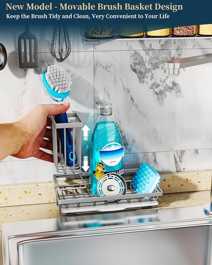 Consumest Sponge Holder for Kitchen Sink - Kitchen Sink Caddy Organizer with Removable Drip Tray for Countertop Dish Soap Dispenser Brush Storage Accessories 304 Stainless Steel, Grey