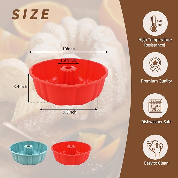 PADELE 2 Pack Silicone Cake Pan Nonstick,10 Inch, Silicone Cake Molds,Pound Cake Pan, Baking Cake Pan for Jello,Gelatin,Cake,Brownie and Bread（Red+Blue）