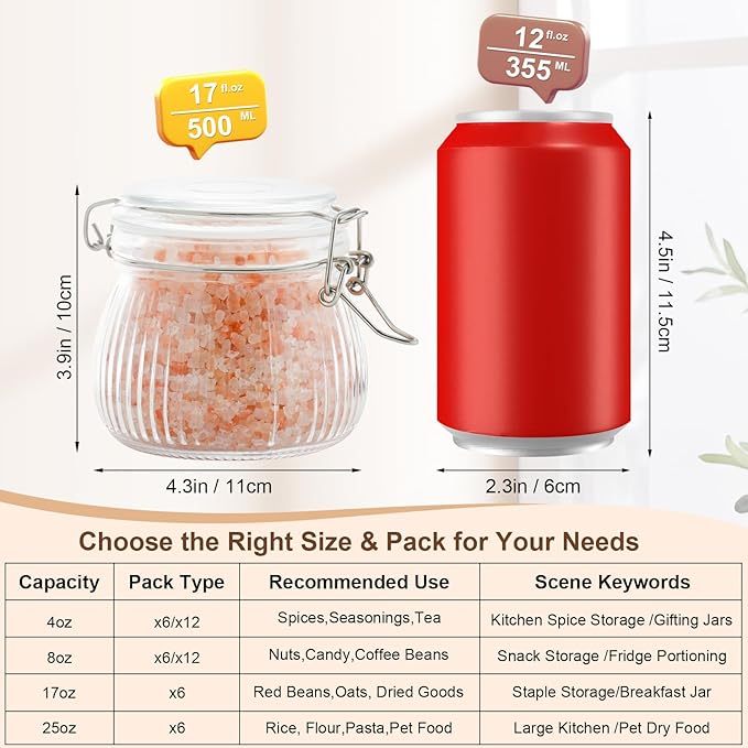 17oz Airtight Glass Jar with Lid, 6 Pack Clamp Lid Glass Storage Jars, Flip Top Food Storage Containers, Wide Mouth Thick Glass Jars for Yogurt Dessert Jam Sugar Snacks Pantry Kitchen Organization