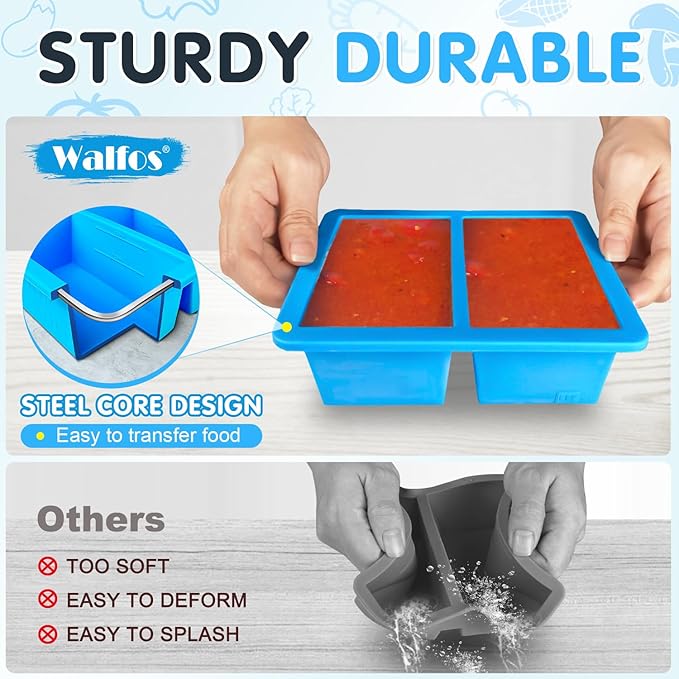 Walfos 1 Cup Silicone Freezer Tray with Lid,Soup Freezer Molds 4 Packs,Bin and Tongs,BPA Free Silicone Freezing Container,Perfect For Storing and Freezing Soup,Broth,Sauce,with 12 Removable Labels