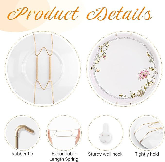 3 Pack Plate Hangers for The Wall, Suitable for 6-8 inch Art Plate, Stainless Steel Invisible Heavy Duty Wire Plate Holder with Wall Hooks, Plate Hangers for Displaying Plates, Platter, Dish, Gold