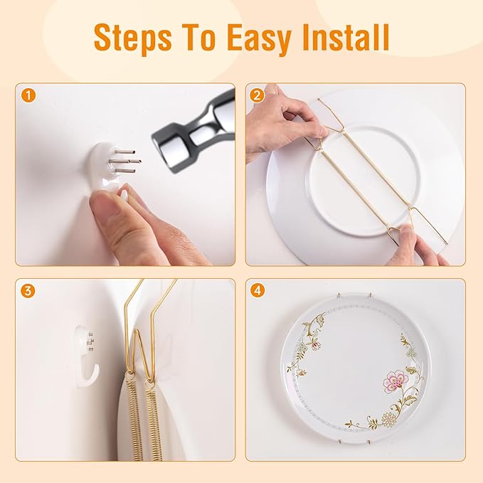 Bilillo 12 pcs Plate Hangers for The Wall, 6/8/10 Inch Invisible Decorative Wall Plate Hangers, Stainless Steel Plates Walls Hanger for Display Various Sizes with Hooks for Decorative