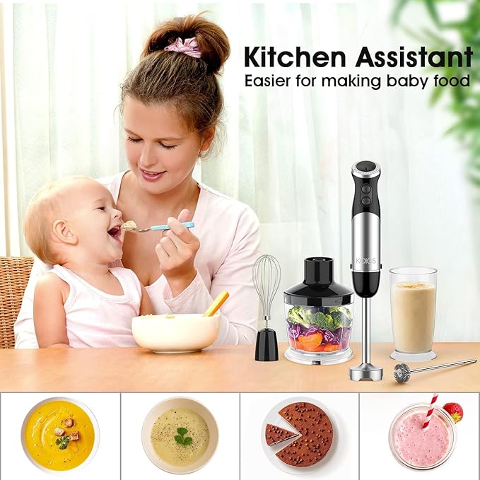 KOIOS Upgraded Immersion Blender Handheld, 1000W 12-Speed 5 in 1 Hand Mixer Stick Blender with 304 Stainless Steel Blade,Food Processor,Beaker,Egg Whisk&Milk Frother,Non-BPA,Smoothies Purée Baby Food